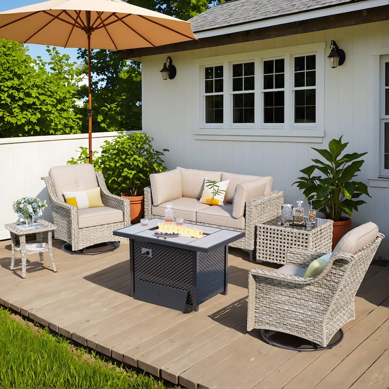 OVIOS 7 Pieces Outdoor Wicker Furniture Set With Solar-Powered Coffee Table&Fire Pit - Beige