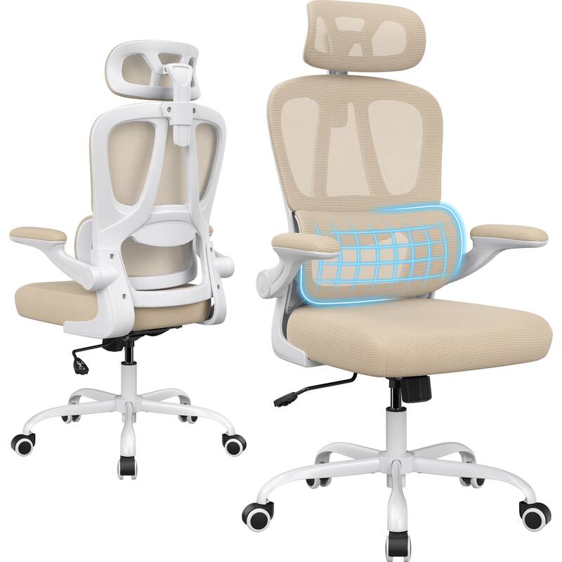 Ergonomic Office Chair, Desk Chair with Headrest and Lumbar Support, High Back Swivel Home Office Chair with Headrest - khaki,White