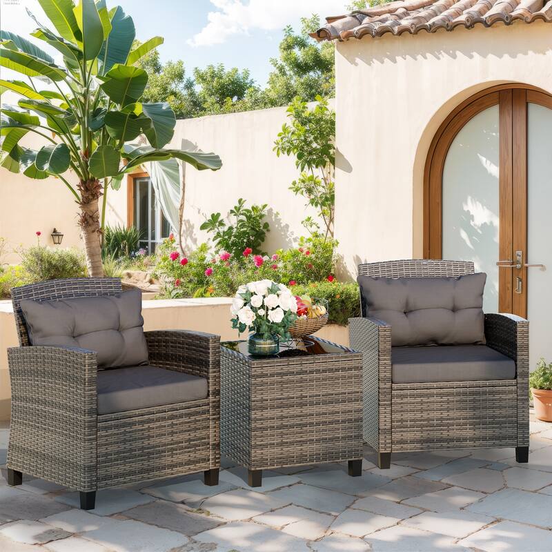 Futzca 3 Piece Patio Furniture Set with Glass Table - Grey