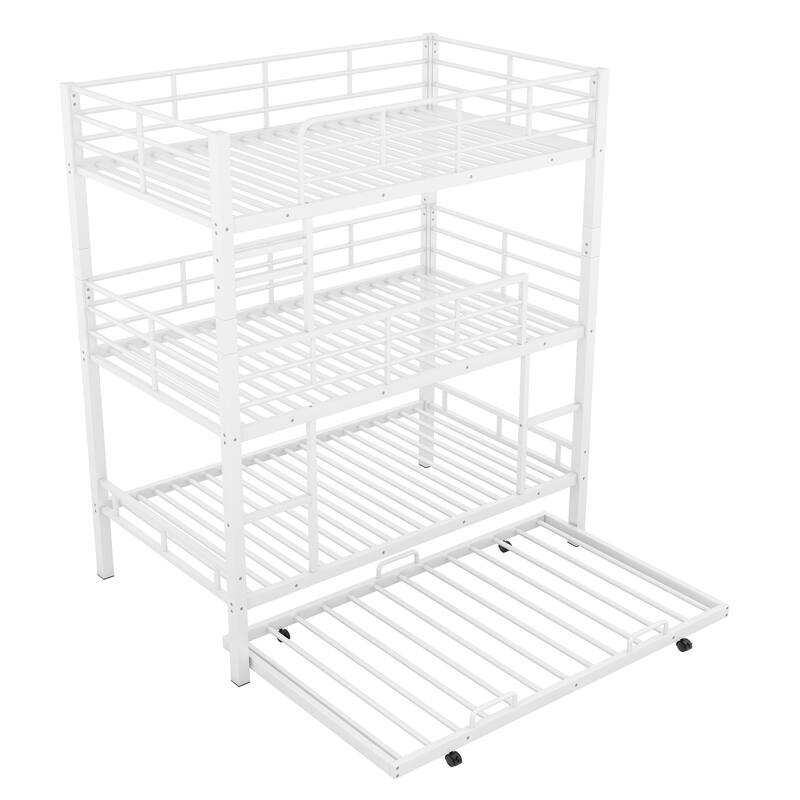White Triple Bunk Bed with Trundle, Twin Size, Space-Saving Design