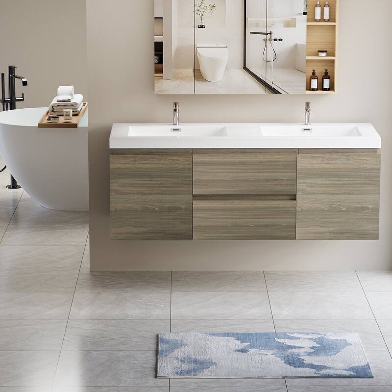Plywood Floating Bathroom Vanity with Integrated Resin Sink - Ash Grey