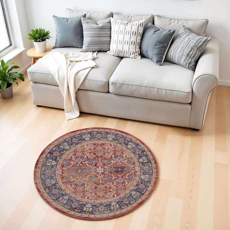Power Loomed Distressed Geometric Floral Traditional Non Skid Area Rug - 48' X '48' X '0.5 - 48' X '48' X '0.5 - Oxford Blue - Round