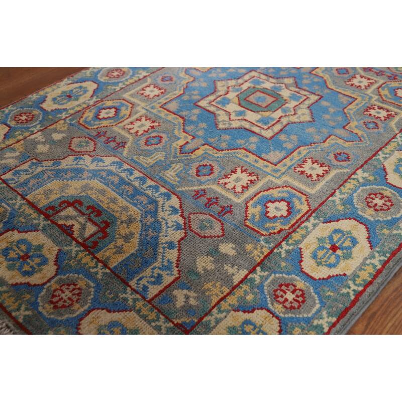 Blue Kazak Foyer Rug Handmade Geometric Wool Carpet - 2'7"x 4'1"