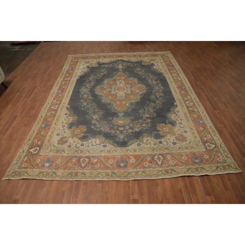Hand Knotted Oriental 100% Wool Carpet Traditional Floral Greys & Charcoal Tabriz Area Rug - 12' 10'' X 9' 5''