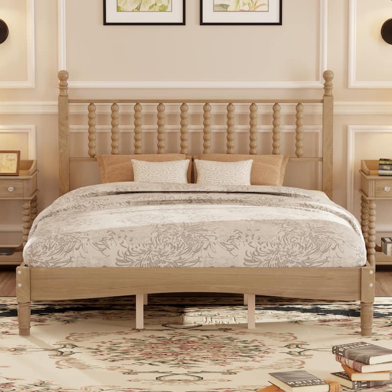 Natural Wood Queen Platform Bed with Curved Gourd Headboard, Vintage-Inspired Frame with Sturdy Slat Support