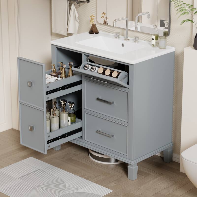 Bathroom Vanity with Ceramic Sink,Flip-Out Drawer Design