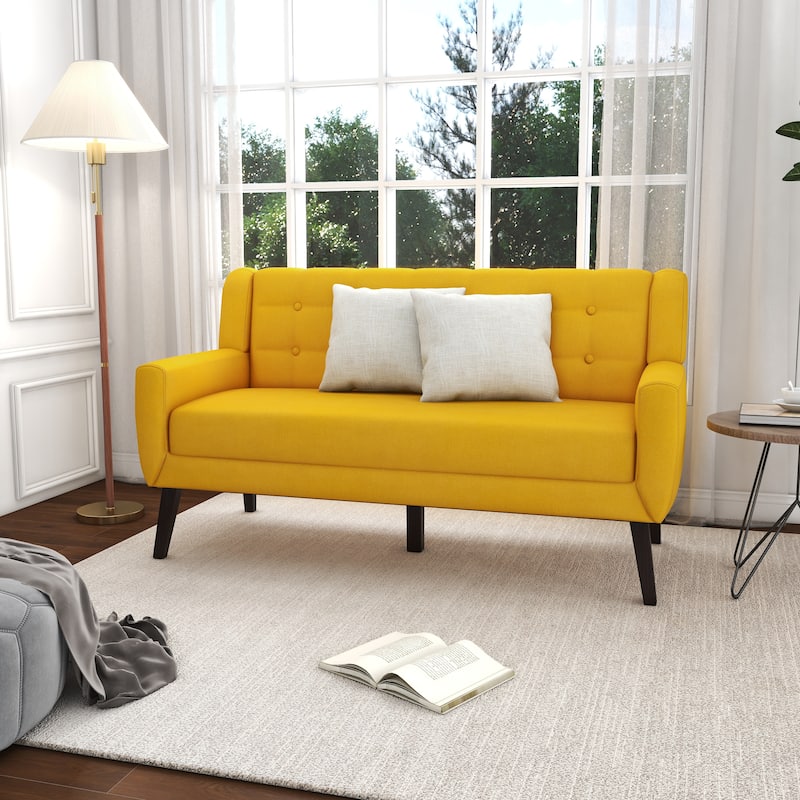Mid-Century 63-Inch Linen Tufted Loveseat Sofa with Pillows - Yellow