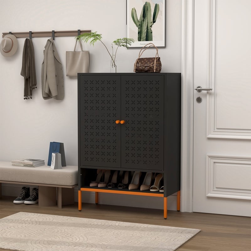 Grid Double Door Shoe Cabinet with Adjustable Shelves and Moisture-Proof Base