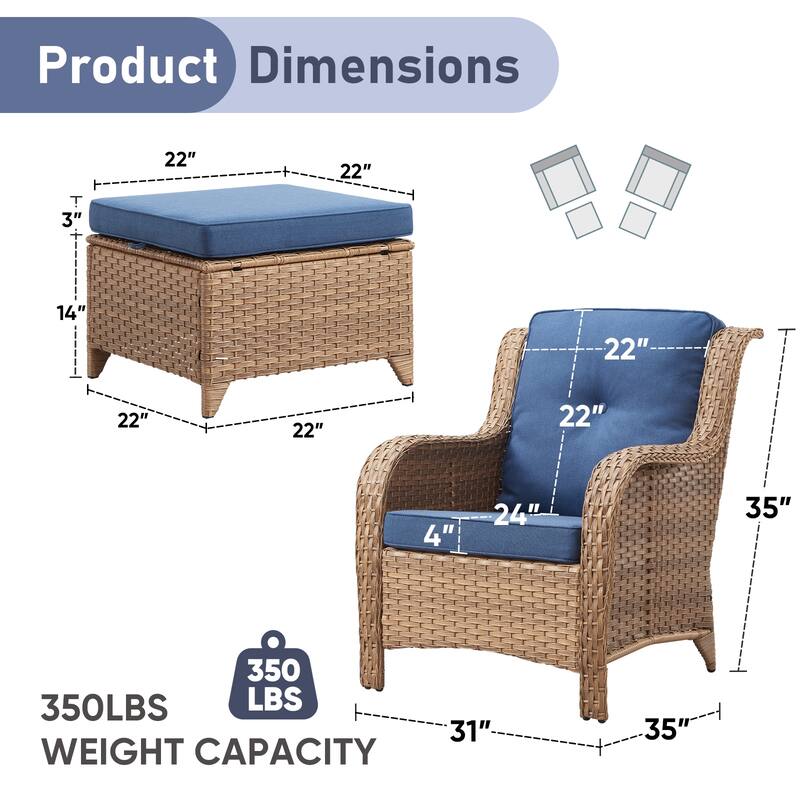 Pocassy Outdoor Patio Chairs Ottoman Table with 4 Inch Cushion