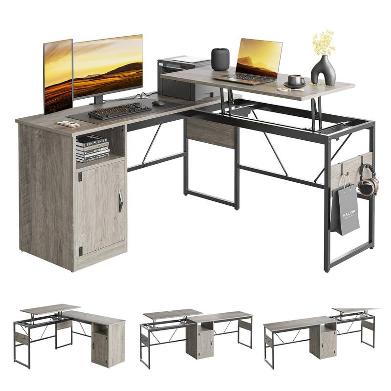 Versatile 60" L Shaped Standing Desk with Lift Top & Storage Cabinet, Adjustable Height Corner Desk with Hooks