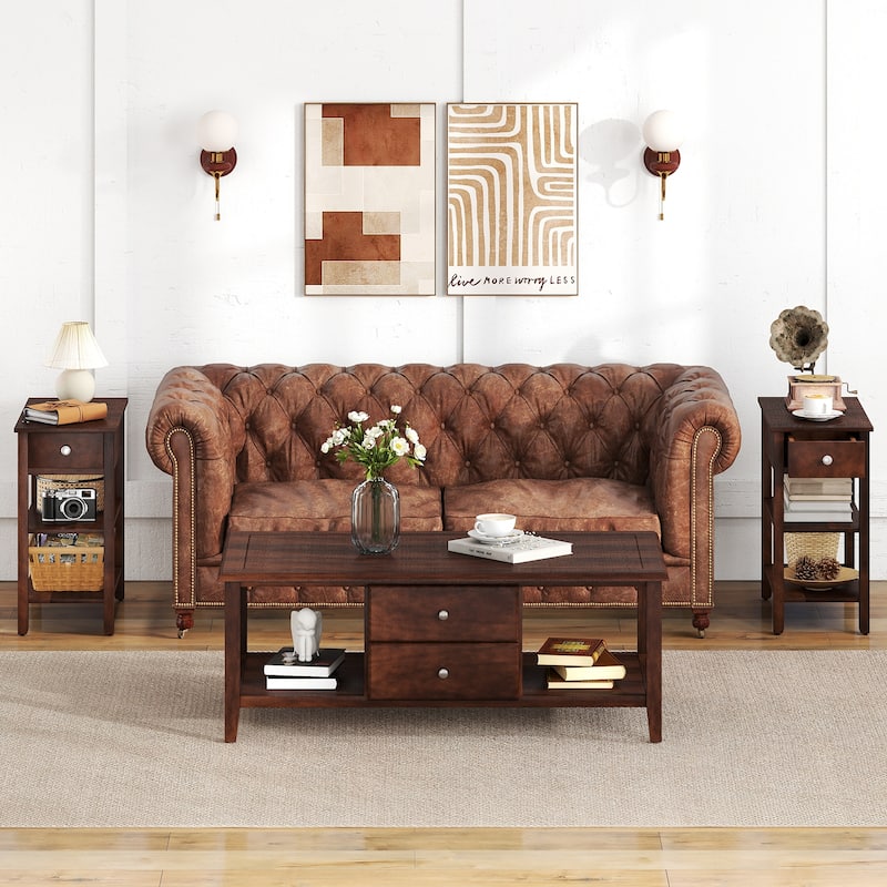 MDF Side End Table with Rubber Wood Legs and Drawer Storage - 23.5" x 12" x 24.5"