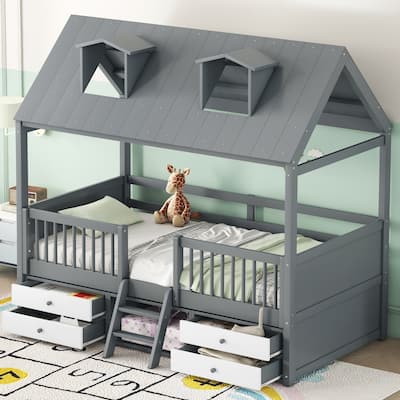 Twin/Full Low House Bed with 2-Step Ladder, Roof & Fence, Wood Kids Playhouse Tent Bed Frame with Four Storage Drawers & Shelves