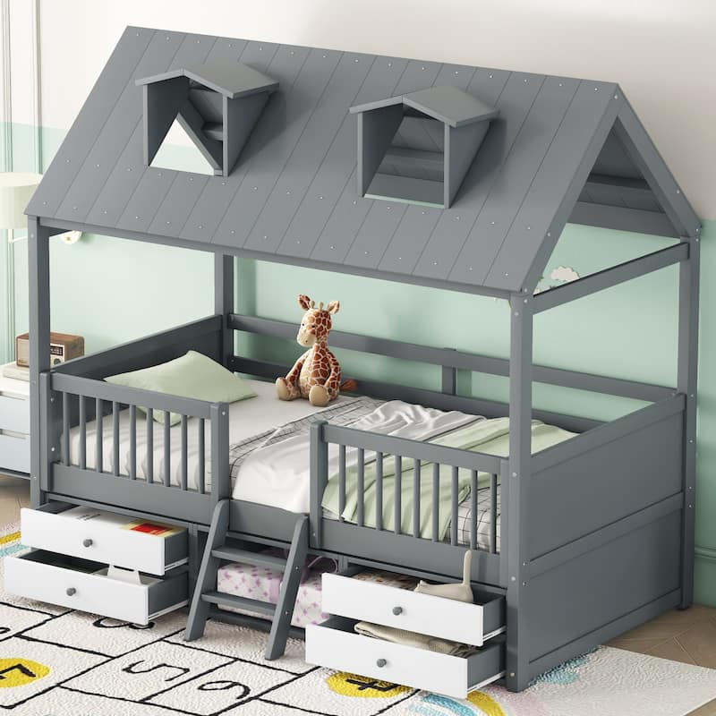 Twin Size Wood Bed House Bed Frame w/ Ladder, Safety Guard Rails, White