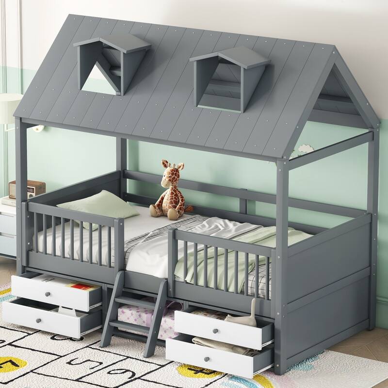 Twin Size Wooden House Bed with Roof Skylights, Ladder, 4 Drawers, Shelves, Fence and Solid Wood Frame, for Kids Ages 6+