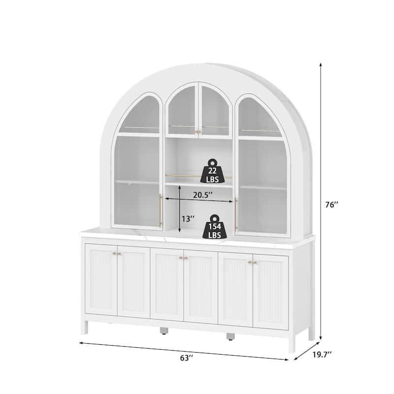 63" Arched Display Cabinet with LED Lights, Modern Buffet Sideboard with Glass Doors, Large Storage Credenza Bookshelves