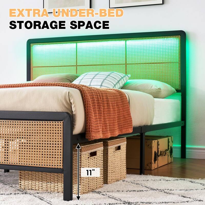 Rattan Bed Frame with Headboard LED Lights and Footboard