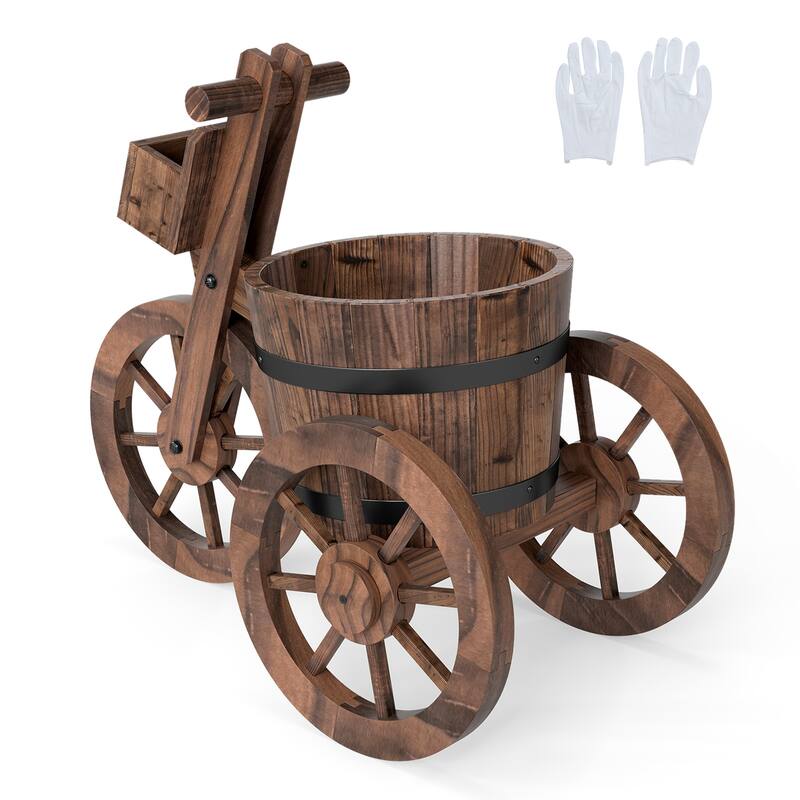 Gymax Rustic Wood Tricycle Planter w/Barrel Pot & Storage Box for