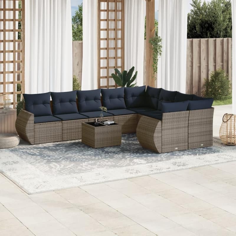 vidaXL 9/10 Piece Patio Sofa Set with Cushions Gray/Brown/Black Poly Rattan - 24.4" x 24.4" x 27.2" - Grey and blue With table