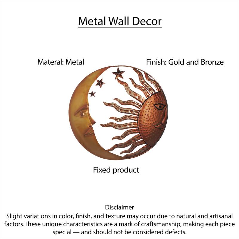 21 Inch Handcrafted Sun and Moon Accent Wall Decor, Round Metal Wall Mount, Rustic Gold, Bronze