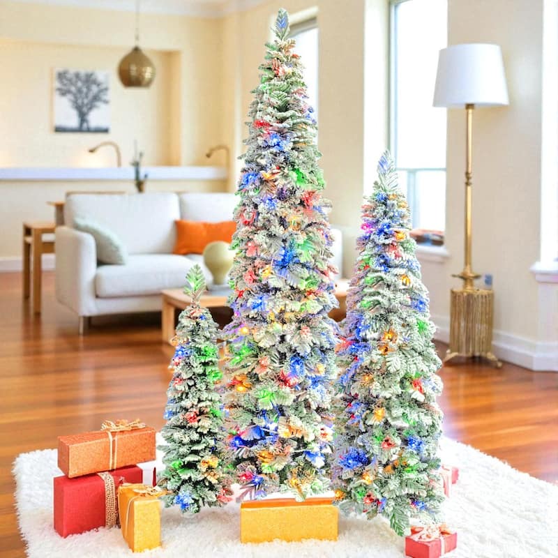 Set of 3 Pre-Lit Pencil Christmas Trees 4ft 6ft 8ft, Flocked Slim Fir, 290 LED Lights, 11 Modes