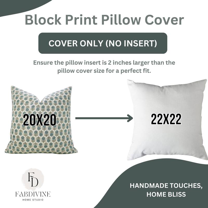 Fabdivine Blue Home Accent Pillow Cover with Floral Block Print for Farmhouse Fall or Dining Décor Linen 26x26 Inch, Tulsi Buti