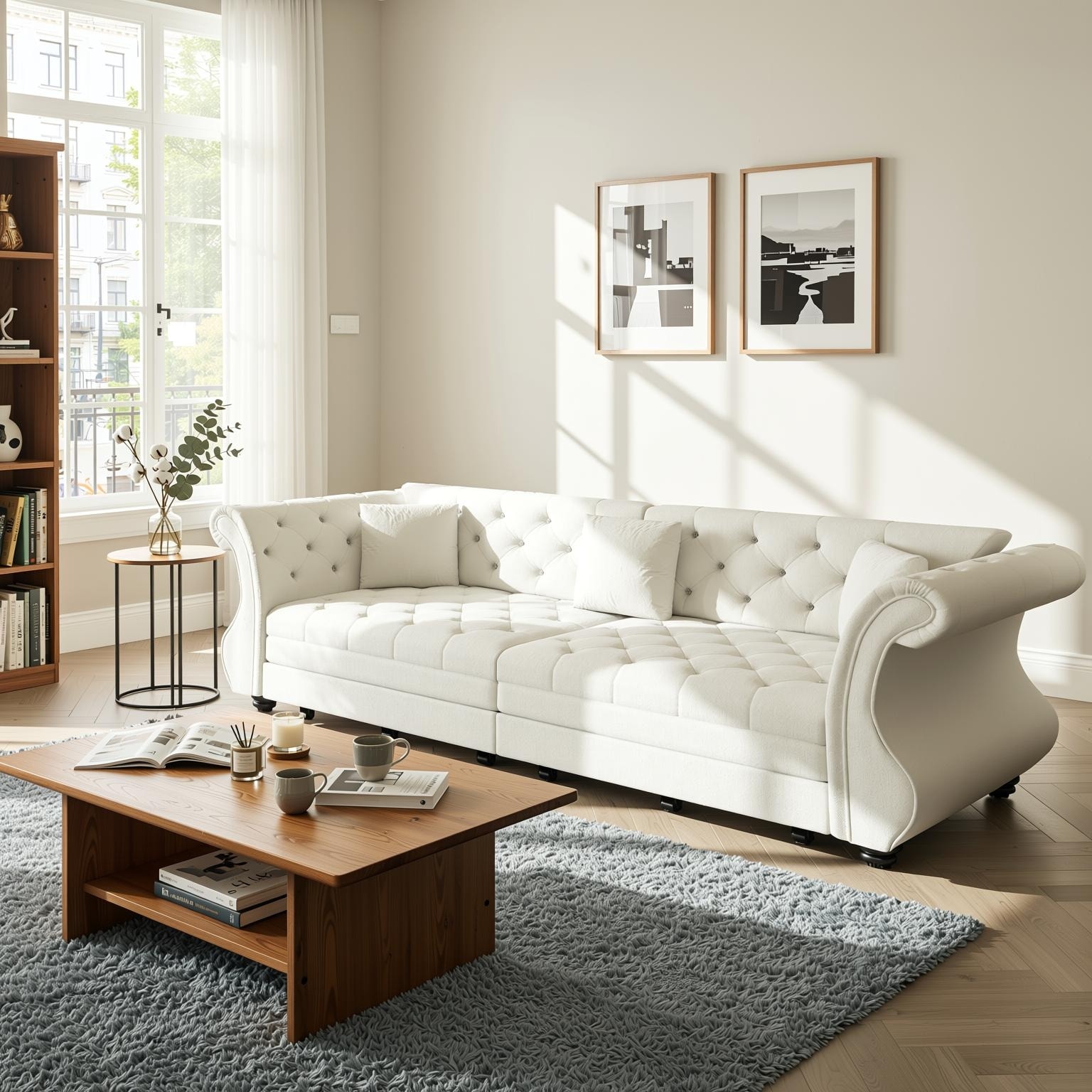 Homy Casa Chesterfield Pull-Out Sofa Bed, Velvet Rolled Arms Flower Tufting, 3-in-1 Couch/Sleeper Living Guest Room, King/Queen