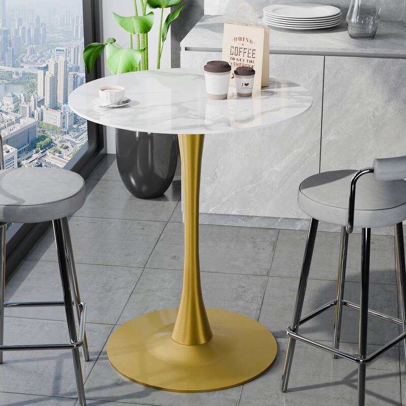 Flower Round Dining Table Modern Tulip Pedestal - 40" Height - Glossy White with Gold Base