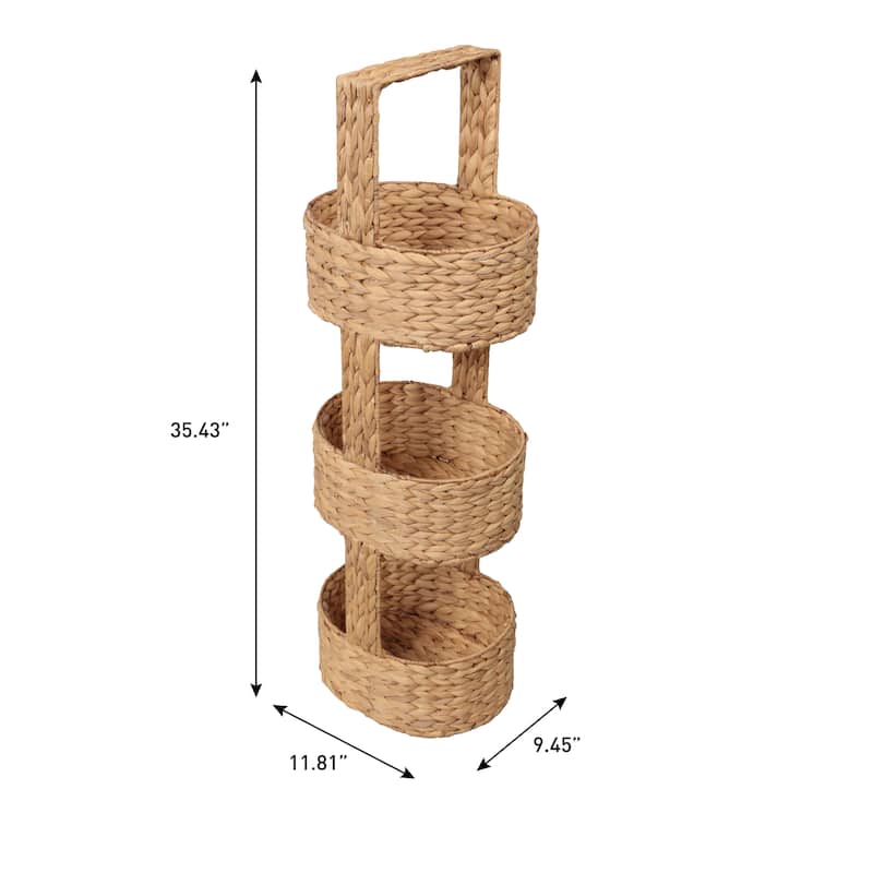Riverbend 35.5 in. H Coastal Handwoven Water Hyacinth 3-Tier Round Basket Freestanding Storage Tower Stand with Top Handle