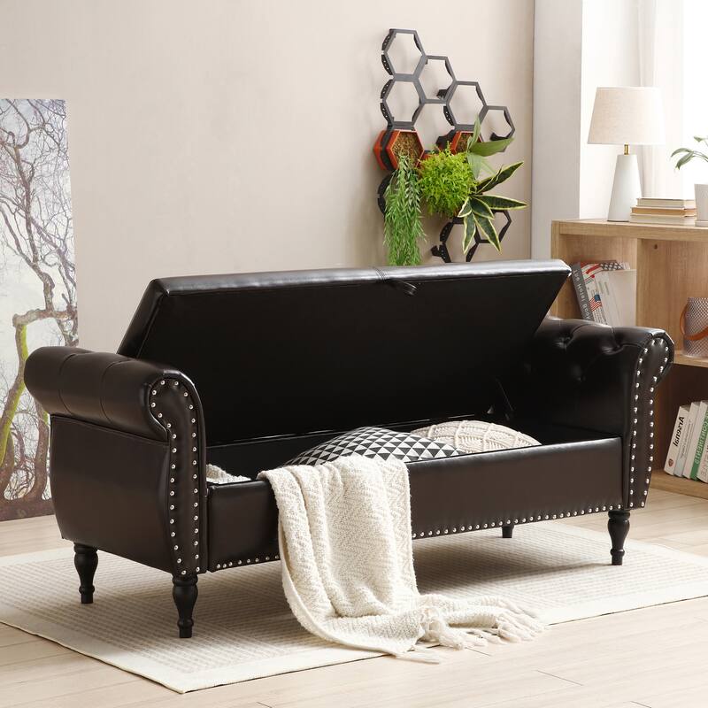 63" PU Upholstered End of Bed Bench Flip Top Entryway Ottoman with Safety Hinge Storage Rectangular Sofa Stool Buttons