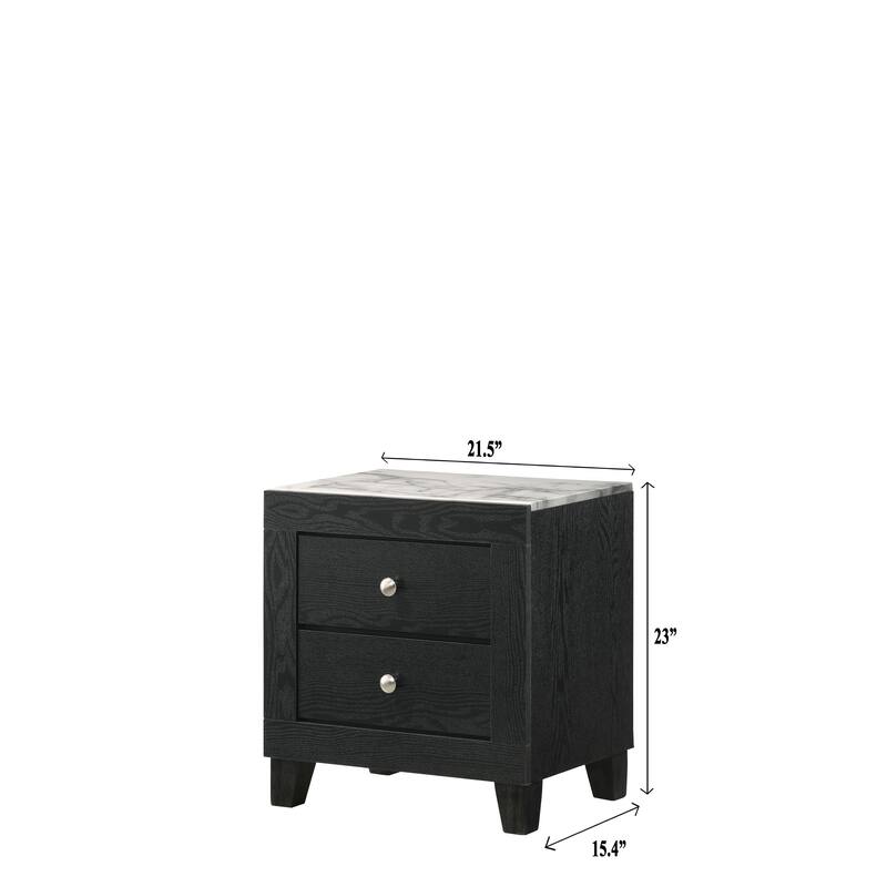 Contemporary White Faux Marble Top Nightstand with 2 Drawers in Black Finish