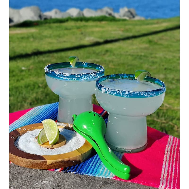 Dos Sueños Mexican Hand Blown Glass – Set of 4 Hand Blown Stemless Aqua Rim Margarita Glasses (14oz)