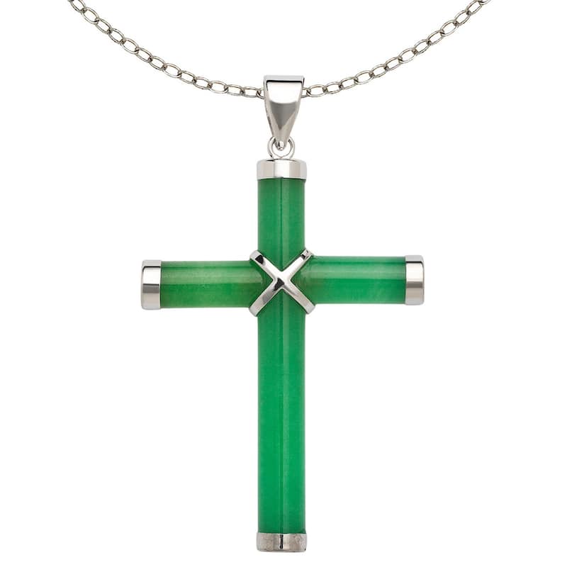 Curata 925 Sterling Silver 18"Jaade, Onyx or Tigers Eye Cross Pendant Necklace - 25mm x 35mm - 25mmx35mm - Green Jade