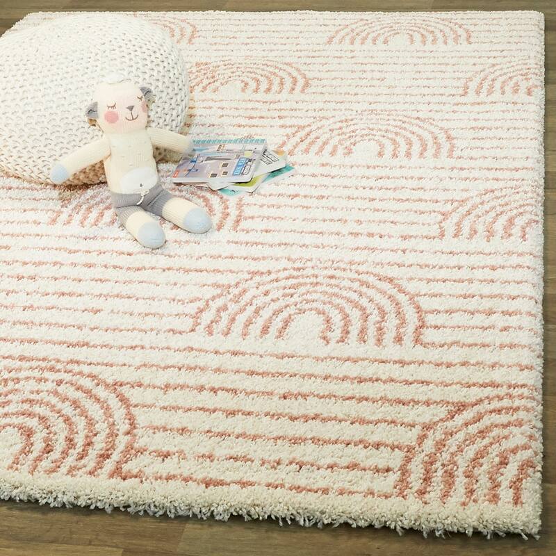 Mod-Tod Hailey Kids Rainbow Print Shag Berber Area Rug - 5'3" x 7' - White/Pink