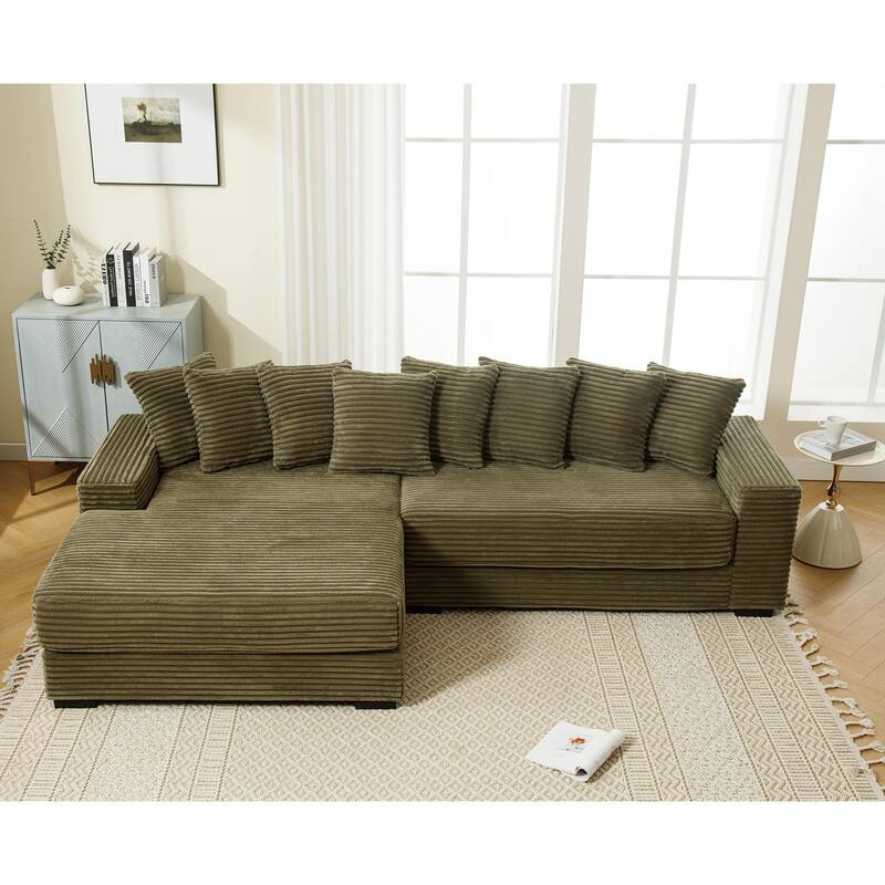L Shaped Sectional Sleeper Sofa Corduroy Corner Sofa with Chaise Lounge and 8 Throw Pillows, Oversized Modular Daybed