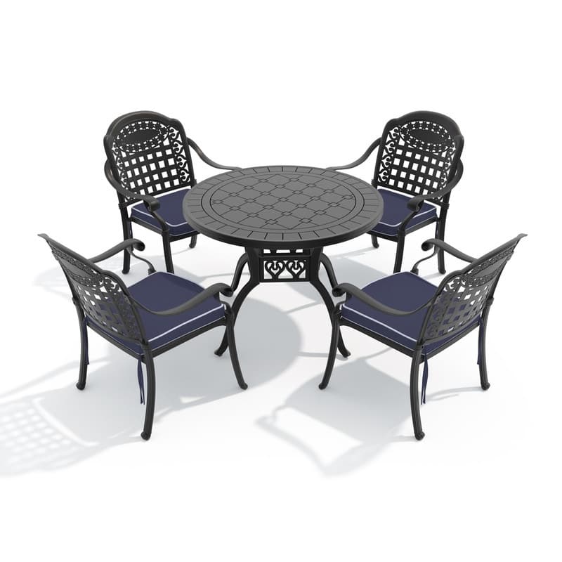 5-Pc Aluminum Patio Set , 4 x Armchairs with Blue Cushions with Round Table