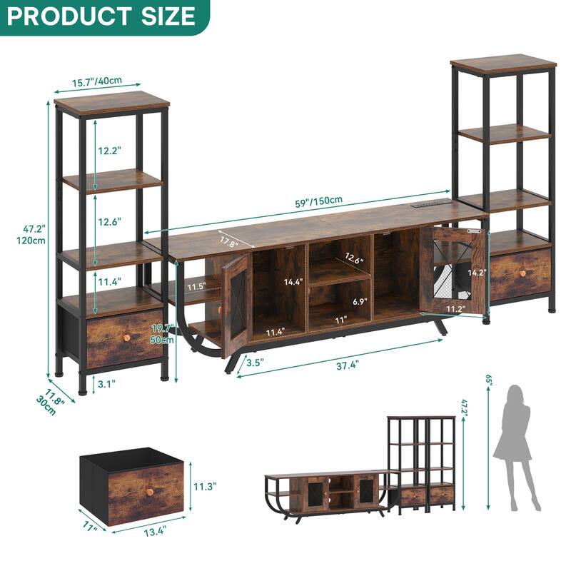 Moasis 3-Piece Wall Unit Entertainment Center Set with Bookshelf and 2 Drawers
