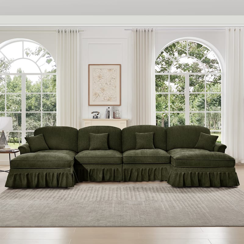 GDFStudio - Classic U-Shaped Chenille 4-Seater 137.8" Sectional Sofa with Ottomans - Green