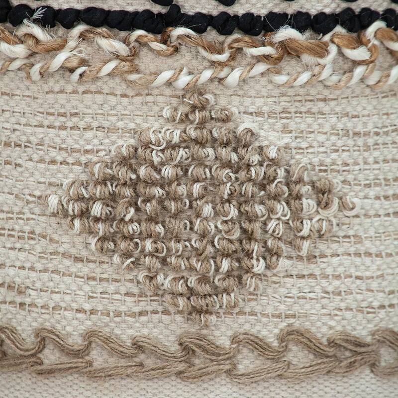 Beige Jute and Brown Round Ottoman Pouf for Living Room or Bedroom