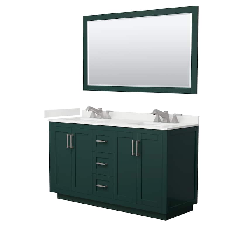 Miranda 60-inch Double Vanity, Quartz Top, 58-inch Mirror - Green, Nickel Trim, White Quartz Top