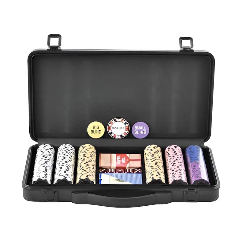 Multi-Color Poker Chip Set, 300 Clay Chips, Cards, Dice for Classic Gaming - 16” L x 8.3” W x 2.4” H - Multi