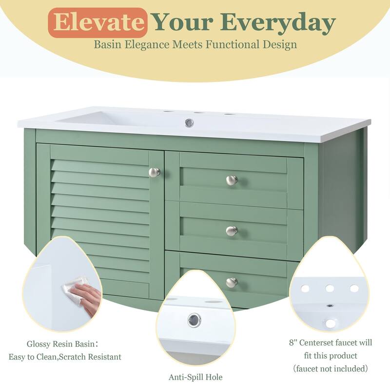 36 inch MDF Freestanding Bathroom Vanity Set in Green with Integrated Resin Sink