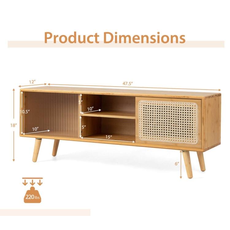 Modern TV Stand with Rattan and Glass Doors for Living Room Storage