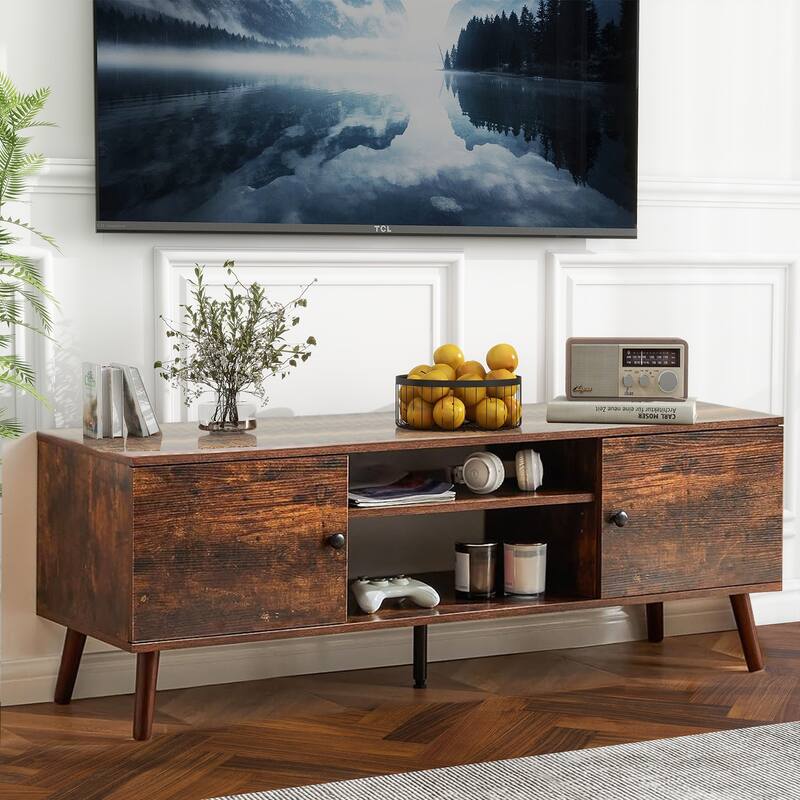 TV Stand with Storage for 50/55/60 Inch Entertainment Center, with 2 Cabinets & Shelves - Brown