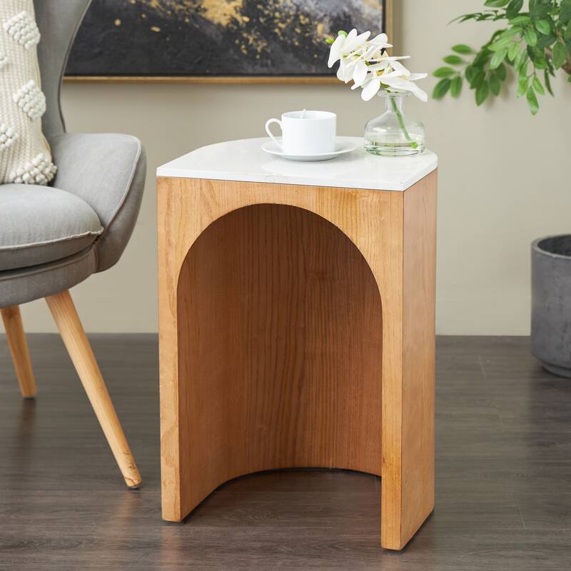Brown or Black Wood Cutout Arch Side End Accent Table with White Marble Tabletop - Brown