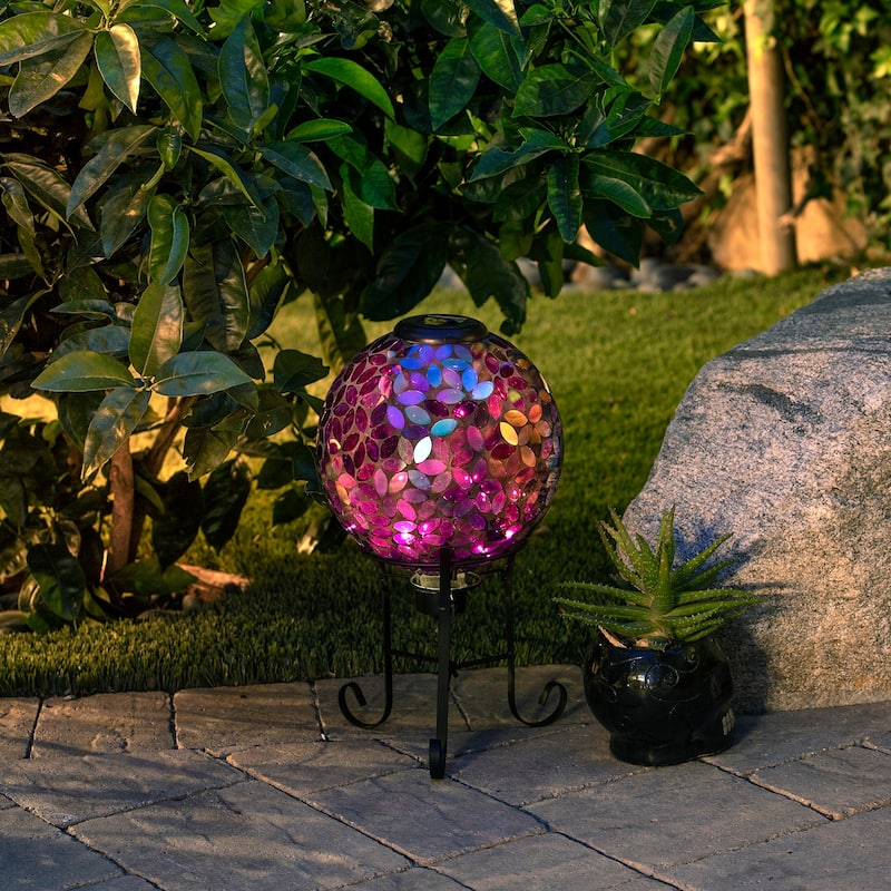 Alpine Corporation GRS122A-SLR Indoor/Outdoor Glass Solar Powered Mosaic Gazing Globe Yard Decoration, 10", Purple