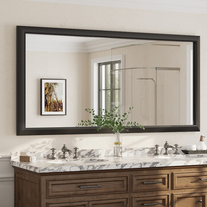 Beveled Metal Rectangle Framed Bathroom Vanity Tempered Glass Mirrors - 72" x 36" - Black