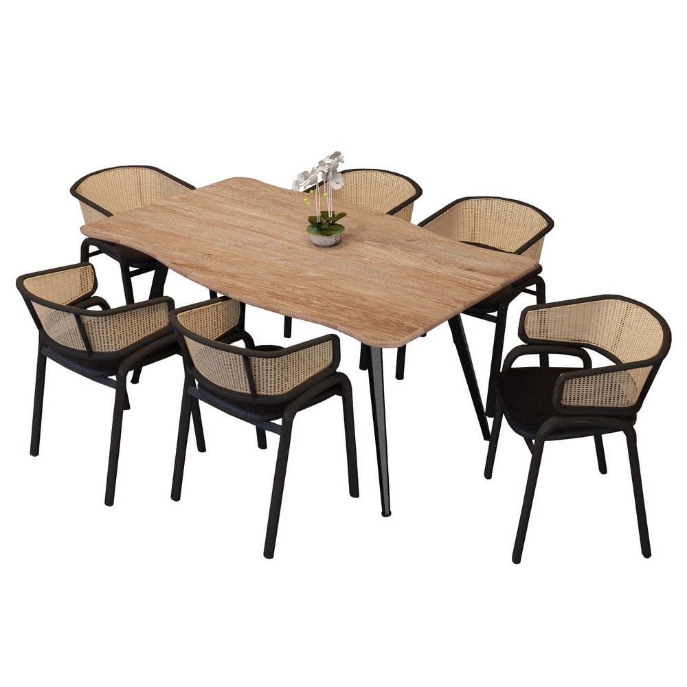Ravenna 7-Piece Modern Dining Set with Rectangular MDF Wood Dining Table and 6 Velvet Upholstered Rattan Back Dining Chairs
