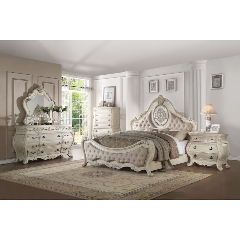 Versaille Beige and Antique White Button Tufted Queen Bed