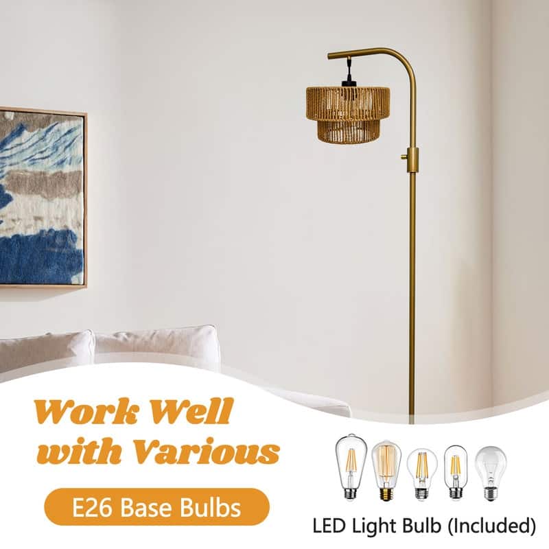 Elegant Boho Arc Floor Lamp Dimmable with Wicker Shade & Marble Base