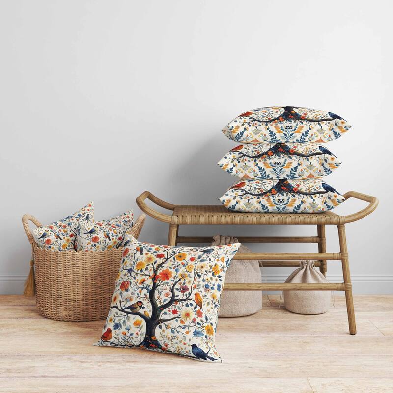Thousands Flower Tree Faux Suede Reversible Throw Pillow Blue and Orange